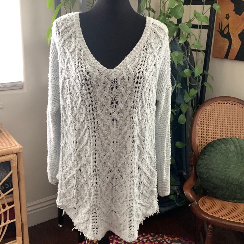 Free People Minty Blue Open Crochet Knit Long Sleeve V-neck Boho Hippie Sweater